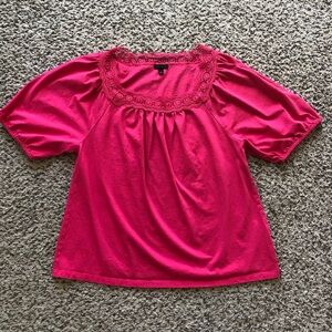 Talbots L Pink Crochet Lace Trimmed Square Neck Puff Half Sleeve Peasant Top